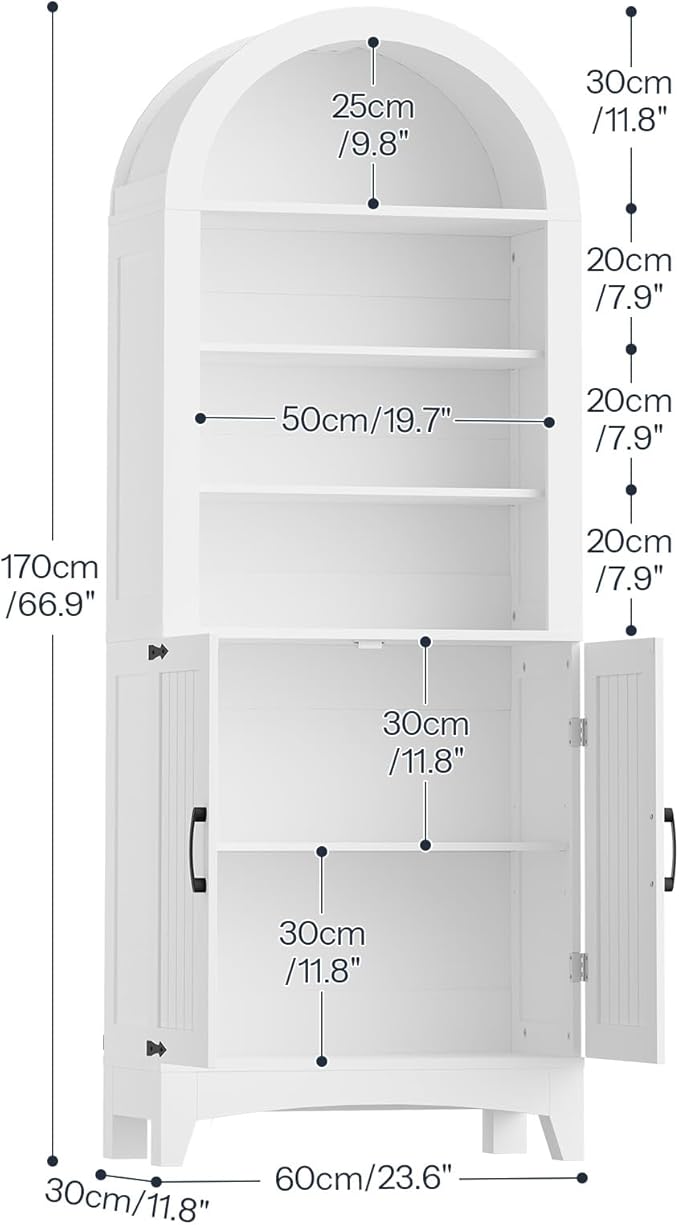 HOOBRO 67" Tall Bathroom Storage Cabinet, Arched Freestanding Floor Cabinet with 3 Adjustable Shelves and 2 Doors for Small Space, Space Saving Organizer for Bathroom, Kitchen, Living Room, White