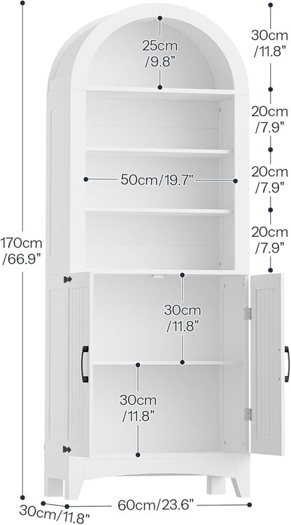 HOOBRO 67" Tall Bathroom Storage Cabinet, Arched Freestanding Floor Cabinet with 3 Adjustable Shelves and 2 Doors for Small Space, Space Saving Organizer for Bathroom, Kitchen, Living Room, White