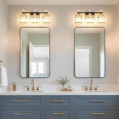 Black and Gold Bathroom Vanity Light, 3-Lights Crystal Vanity Lights for Bath, Modern Bathroom Light Fixture Over Mirror, Wall Mount Lights with Clear Crystal Glass for Bedroom Living Room