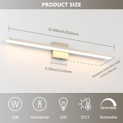 JUSHENG Brushed Nickel Vanity Lights for Bathroom Light Fixtures 5CCT Dimmable Vanity Light Bar LED Bathroom Lighting Over Mirror 31.5'' Inch 32W ETL Certificated