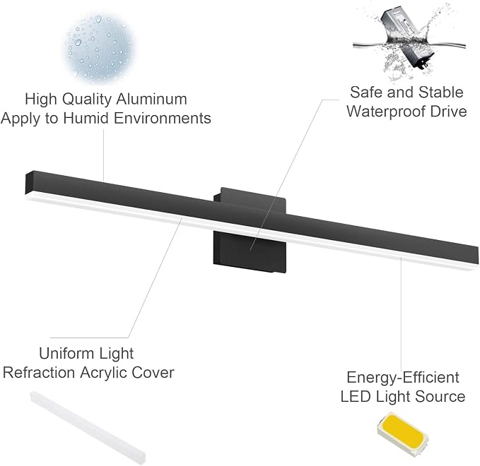 Aipsun 31.5in/26W Modern Black Vanity Light LED Bathroom Vanity Light Fixtures Wall Light for Bathroom (White Light 6000K)