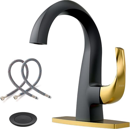 WOWOW Single Handle Bathroom Faucet 1 Hole High Arc Bathroom Basin Faucet Black and Gold with Pop-up Drain, Solid Brass Commercial Bathroom Sink Basin Vanity Bar Faucet (Patented Product)