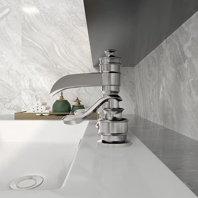 BWE 8 Inch Widespread Bathroom Faucet with Pop Up Drain with Overflow and Supply Line Waterfall 3 Holes Two-Handle Sink Faucets Brushed Nickel Lavatory Mixer Tap