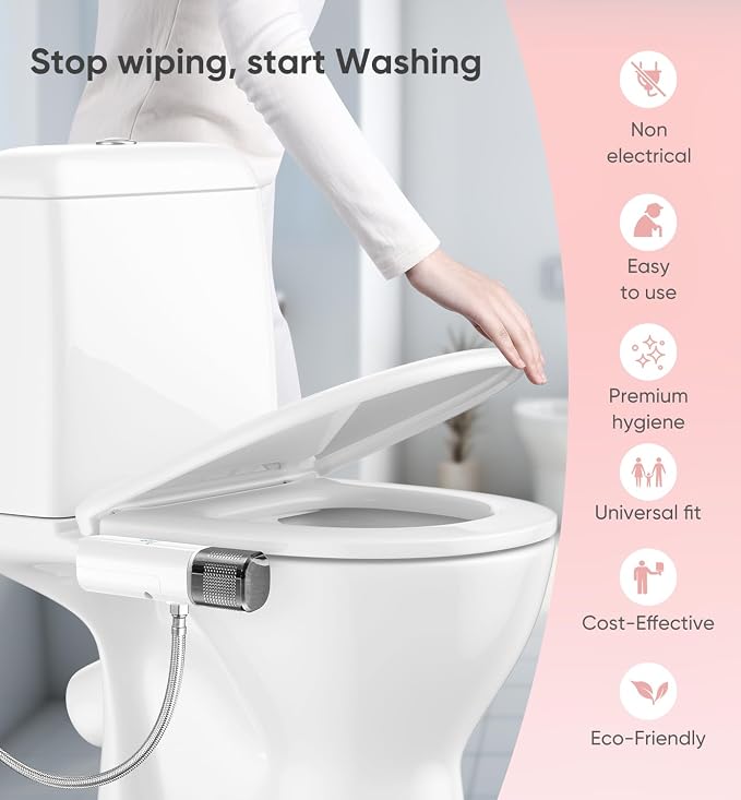 Ultra-Slim Bidet Attachment, Posterior&Feminine Wash-(Retractable Dual Nozzles), Non-Electric Bidet Attachment for Toilet Seat, Adjustable Fresh Cold Water Pressure, Stainless Steel Inlet (DarkGray)