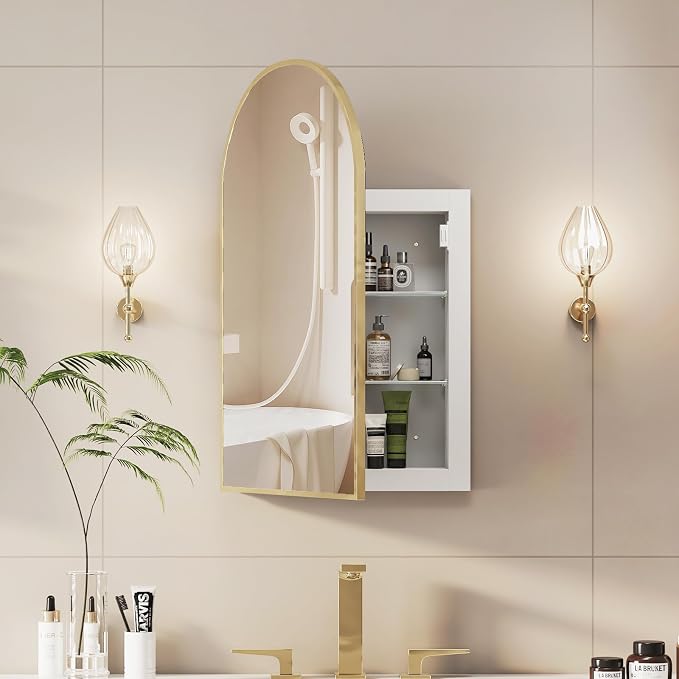 Recessed Medicine Cabinet Mirror,Brushed Gold Arched Medicine Cabinet with Mirror for Bathroom,Metal Edge Mirrored Medicine Cabinets,in Wall Arch Mirrored Cabinets with Storage 16x26