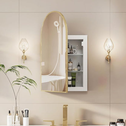 Recessed Medicine Cabinet Mirror,Brushed Gold Arched Medicine Cabinet with Mirror for Bathroom,Metal Edge Mirrored Medicine Cabinets,in Wall Arch Mirrored Cabinets with Storage 16x26