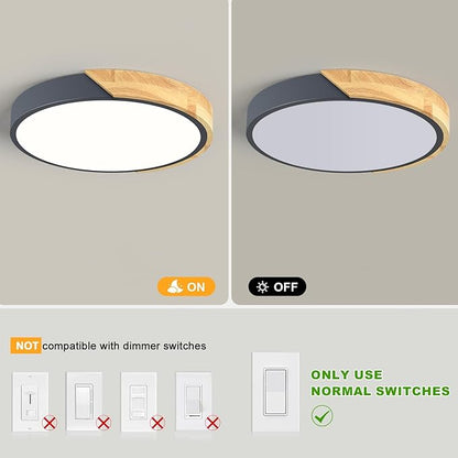 Vikaey Modern LED Ceiling Light, Minimalist Wood Flush Mount Ceiling Light Fixture, 4000K Not Dimmable, Circle Lighting Lamp with Acrylic Lampshade for Bedroom Dining Room Laundry (Grey, 11.8'')
