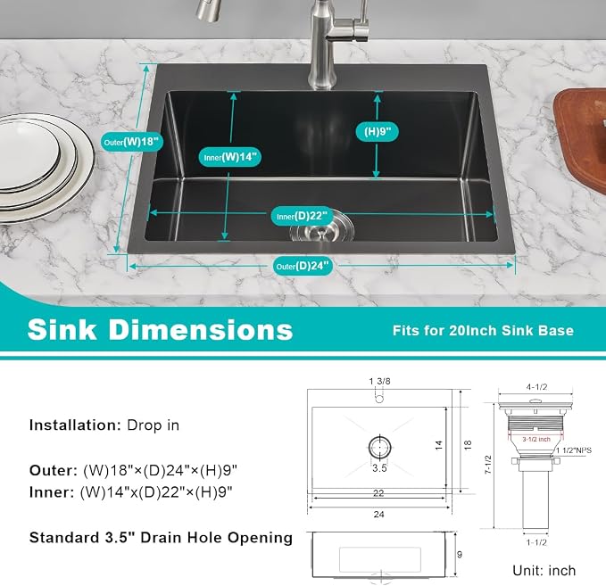 24 Inch Drop in Kitchen Sink Black, 18 Gauge Stainless Steel | Single Bowl Single Hole Topmount Sink, 24"x18"x9" Basin Sink for Small Kitchen, Bar and RV