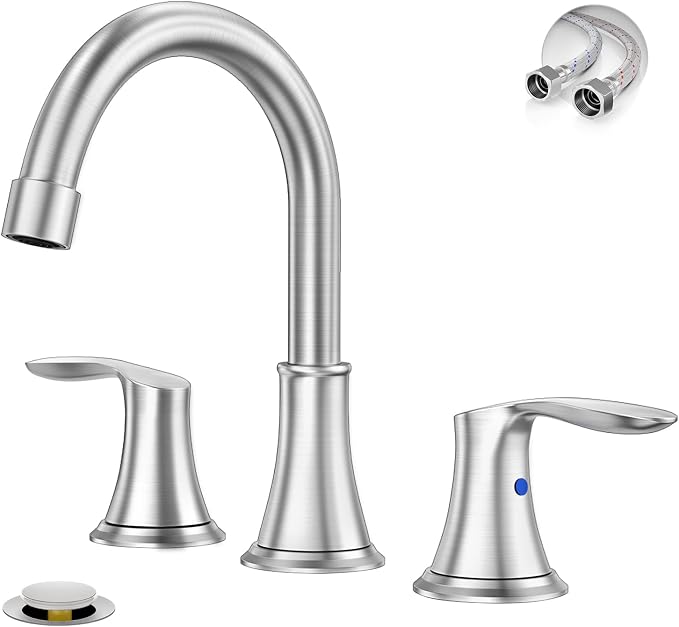 Brushed Nickel Widespread 8 Inch 3 Holes Bathroom Faucet，Two Handles Stainless Steel Bathroom Sink Faucet with Metal Pop-Up Drain and Water Supply Lines, WFTY36-BN