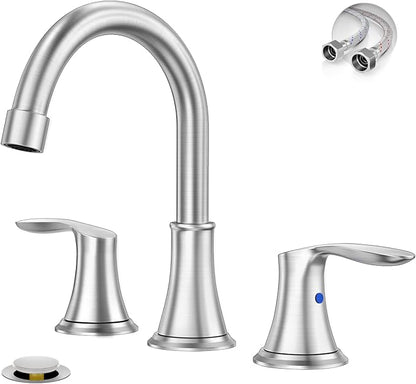 Brushed Nickel Widespread 8 Inch 3 Holes Bathroom Faucet，Two Handles Stainless Steel Bathroom Sink Faucet with Metal Pop-Up Drain and Water Supply Lines, WFTY36-BN