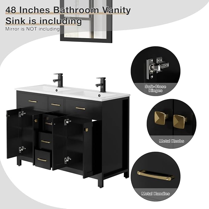 LUCKWIND 48" Modern Bathroom Vanity with Sink Combo, Contemporary Painted Storage Cabinet and Double White Sink, Include Soft-Closing Doors & Matte Black Faucet, Black