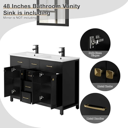 LUCKWIND 48" Modern Bathroom Vanity with Sink Combo, Contemporary Painted Storage Cabinet and Double White Sink, Include Soft-Closing Doors & Matte Black Faucet, Black