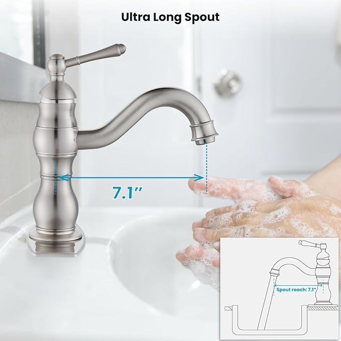 gotonovo Bathroom Faucet 1 Hole Vintage,Brushed Nickel,7.1” Spout Reach | Bathroom Sink Faucet for 1 or 3 Hole Single Handle,Deck Plate,360° Swivel Spout,Pop Up Drain,cUPC Supply Hoses,for Vanity RV