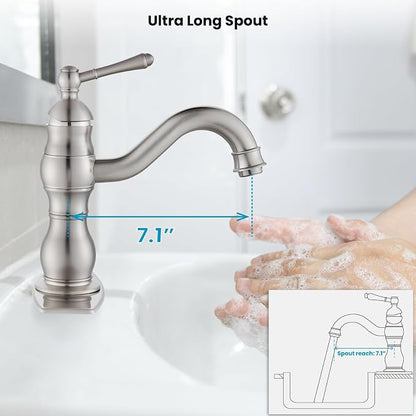 gotonovo Bathroom Faucet 1 Hole Vintage,Brushed Nickel,7.1” Spout Reach | Bathroom Sink Faucet for 1 or 3 Hole Single Handle,Deck Plate,360° Swivel Spout,Pop Up Drain,cUPC Supply Hoses,for Vanity RV