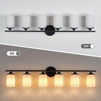Jonsi Black Bathroom Light Fixtures 6-Light Vanity Lights Modern Wall Sconce with Milk White Shade Brushed Brass Bathroom Light Fixture Over Mirror for Bedroom Hallway Kitchen