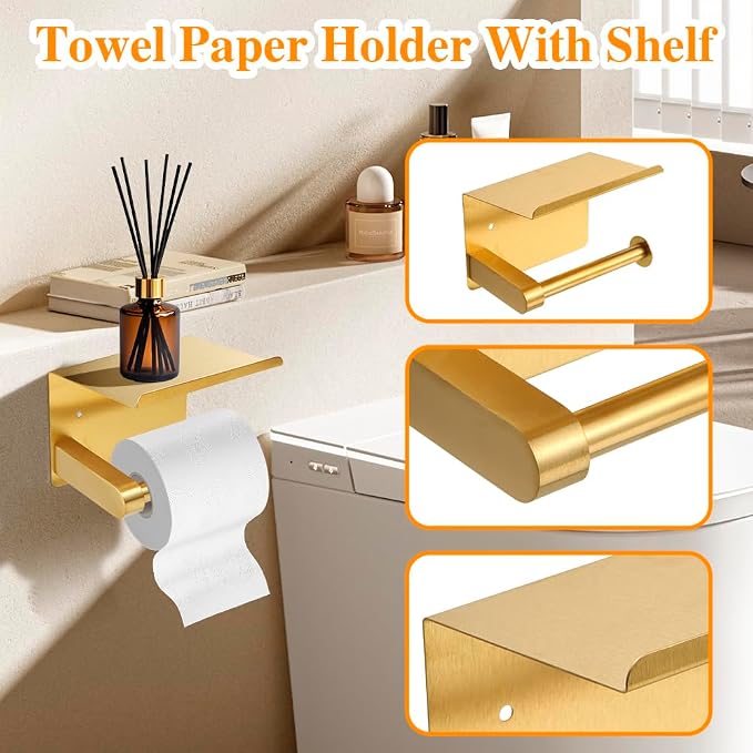Gold 8-Piece Bathroom Hardware Set Stainless Steel, 24in and 16in Towel Bars Set Wall Mounted Bathroom Accessories
