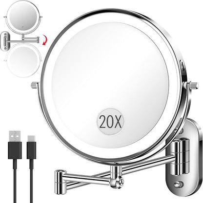 20X 9" Wall Mounted Magnifying Makeup Mirror with Light Height Adjustable | 5000mAh Double Sided Rechargeable LED Lighted Vanity Mirror with Magnification 3 Color Light up Extended Arm 360 Rotation