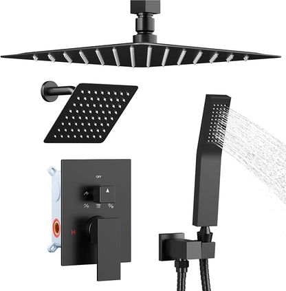 Shower System Shower Faucet Set, STARBATH 12"+6" Ceiling Mount Rain Shower Head and Handheld Spray for Two Person, Rainfall Shower System with Diverter Valve and Trim Kit Complete，Matte Black