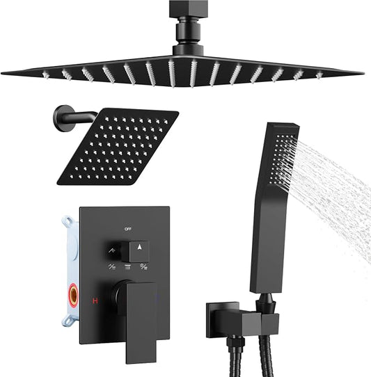 Shower System Shower Faucet Set, STARBATH 12"+6" Ceiling Mount Rain Shower Head and Handheld Spray for Two Person, Rainfall Shower System with Diverter Valve and Trim Kit Complete，Matte Black
