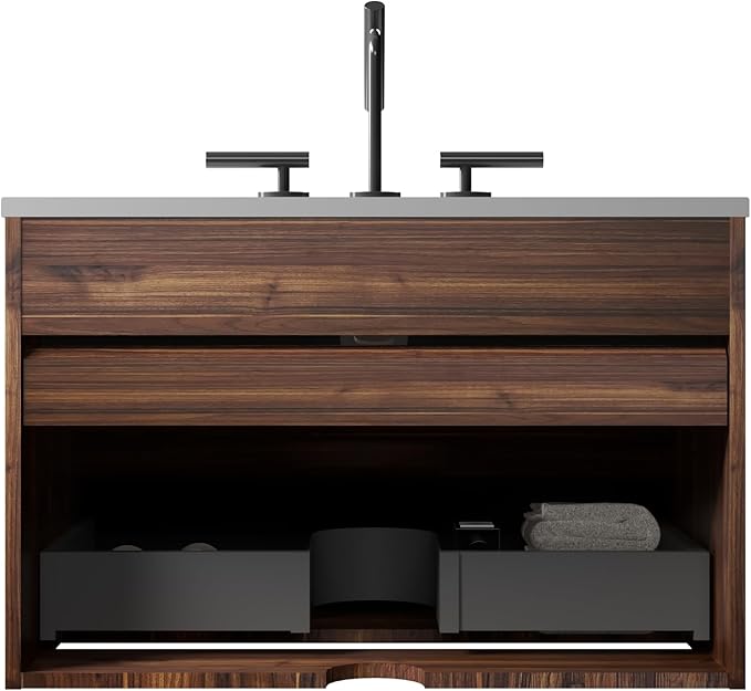 30" Floating Bathroom Vanity with Sink, Modern Wall Mounted Floating Vanity with Ceramic Sink, Double Soft-Close Drawers for Small Space, Apartment, Walnut+Black