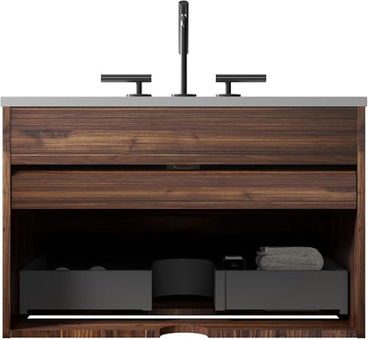 30" Floating Bathroom Vanity with Sink, Modern Wall Mounted Floating Vanity with Ceramic Sink, Double Soft-Close Drawers for Small Space, Apartment, Walnut+Black