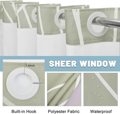 No Hook Ombre Sage Green Striped Shower Curtain with Snap in Liner Set - Hotel Shower Curtain and Liner Set with See Through Mesh Top Window,Machine Washable, 71x74 INCH