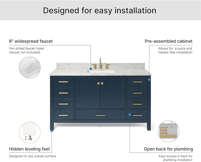 ARIEL Cambridge 60-inch Bathroom Vanity with Sink,Solid Wood, 0.75-inch Italian Carrara Marble Countertop, Single Rectangular Porcelain Sink, 2 Soft Closing Doors, 9 Dovetail Drawers, Midnight Blue