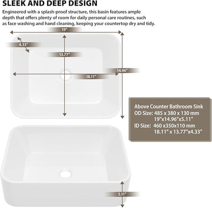 White Bathroom Vessel Sink Ceramic Vanity Art Basin Above Counter | 19x15 Inch Rectangular Bathroom Sink Porcelain Vessel Vanity Sink