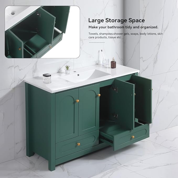 LZ LEISURE ZONE 48" Bathroom Vanity with Ceramic Sink Combo, Abundant Cabinet -4 Soft Close Doors and 2 Drawers, Green