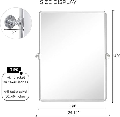 TEHOME Pivot Mirror Chrome Tilt Bathroom Vanity Mirror Large Metal Framed Rectangle Tilting Beveled Vanity Mirrors for Wall, Vertical Hanging, Overall 34.14 x 40 inches (Mirrror 30 x 40 inches)