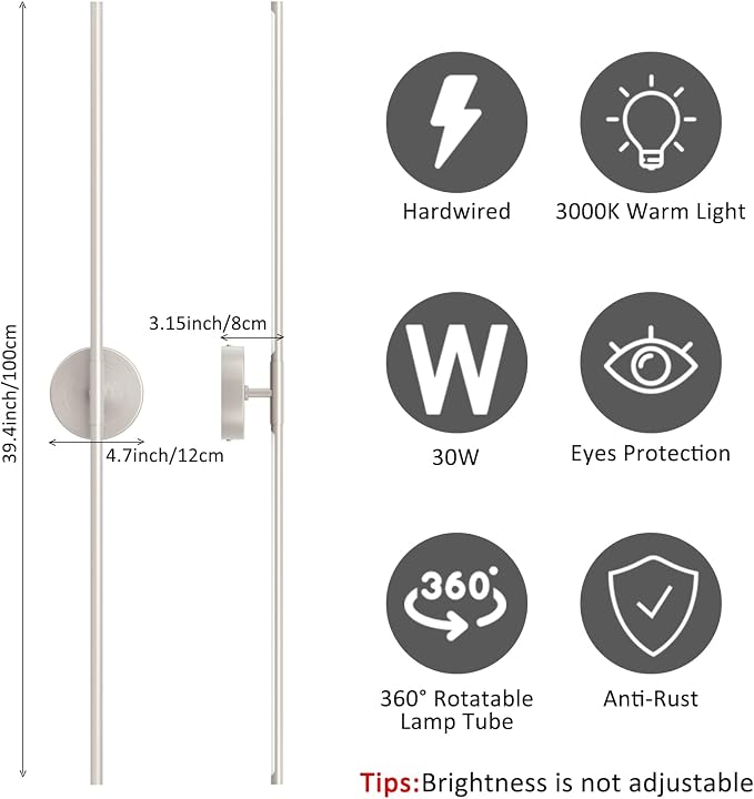 Hardwired Wall Sconces Set of Two,40In Sand Nickel Linear Bathroom Sconce 360° Rotate Modern Vanity Light Bar 3000K for Bedroom Living Room