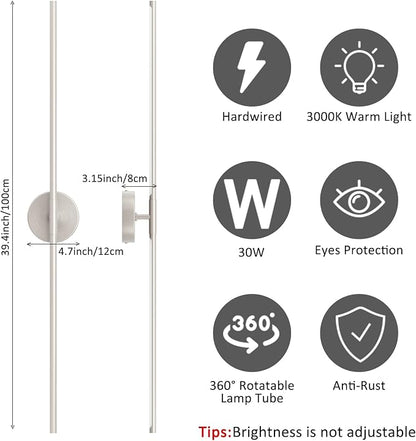 Hardwired Wall Sconces Set of Two,40In Sand Nickel Linear Bathroom Sconce 360° Rotate Modern Vanity Light Bar 3000K for Bedroom Living Room
