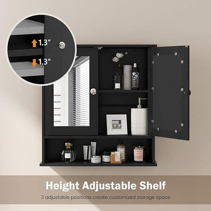 COSTWAY Bathroom Cabinet Wall Mount, Wooden Medicine Cabinet with 2 Mirror Doors, Adjustable Shelf, Open Compartment, for Laundry, Living Room, Kitchen, Black