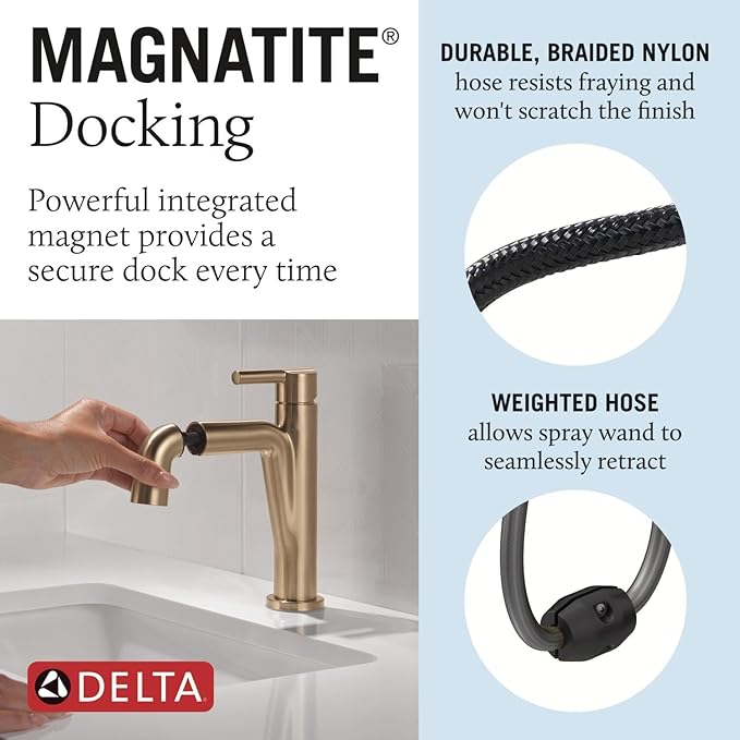 Delta Nicoli 1 Hole Brushed Gold Bathroom Faucet with Sprayer, Single Hole Bathroom Sink Faucet with Pull Out Sprayer for Vanity, Push-Pop Drain, Champagne Bronze 15849LF-CZPD