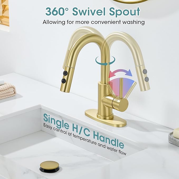 Gold Bathroom Faucet with Pull Down Sprayer, Single Hole Bathroom Faucet with Pop-up Drain and Flexible Hoses, 1 Handle Sink Faucets for Vanity, Modern Farmhouse, Vanity, Restroom