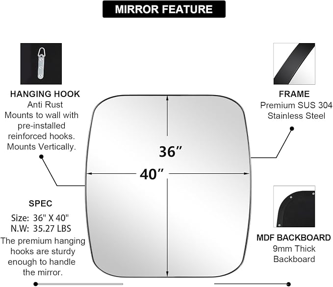 Chrome Oblong Mirror, 36x40 Inch Polished Chrome Oval Mirror for Bathroom with Stainless Steel Metal Frame, Wall Mouned for Bathroom, Living Room, Entryway