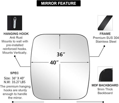 Chrome Oblong Mirror, 36x40 Inch Polished Chrome Oval Mirror for Bathroom with Stainless Steel Metal Frame, Wall Mouned for Bathroom, Living Room, Entryway
