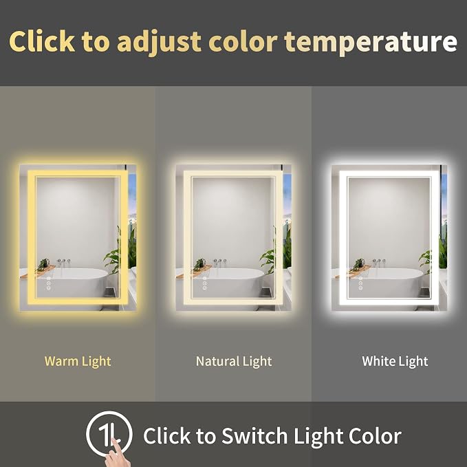 44x36 Inch LED Bathroom Mirror with Lights | Front and Backlit, 3 Colors, Dimmable, Memory, Anti Fog, Shatterproof, Horizontal/Vertical, Lighted Mirrors for Bathroom Wall