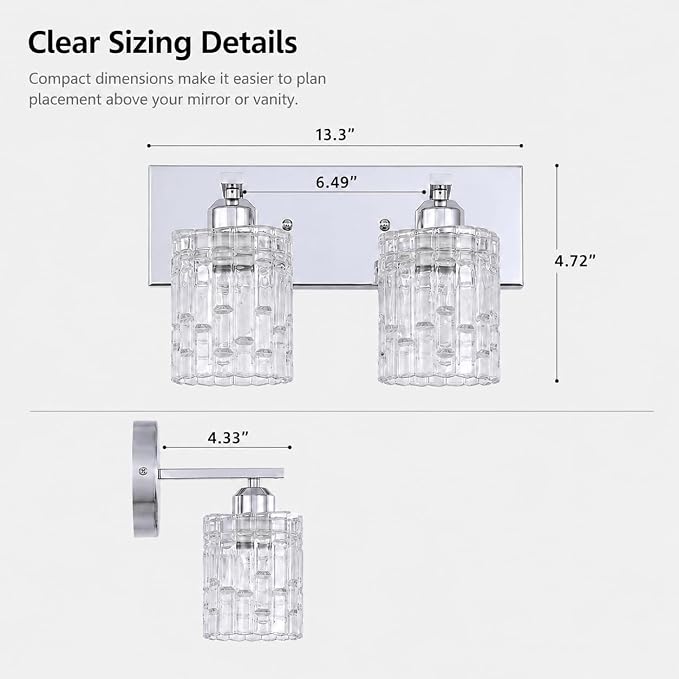 Chrome 2-Light Crystal Bathroom Vanity Light Fixture Over Mirror, Modern Bathroom Wall Light for Living Room, Bedroom, Hallway