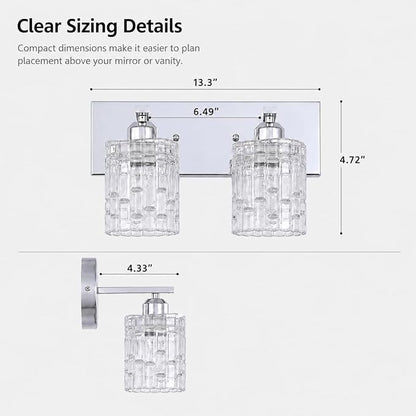 Chrome 2-Light Crystal Bathroom Vanity Light Fixture Over Mirror, Modern Bathroom Wall Light for Living Room, Bedroom, Hallway