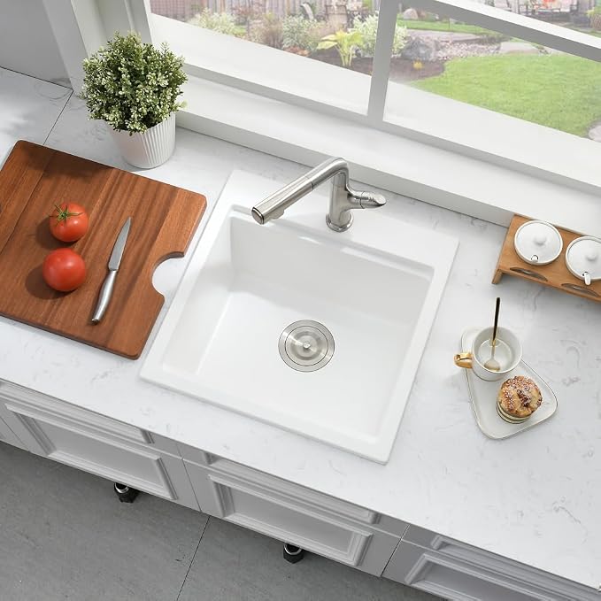 21 Inch White Bar Sink Drop In Quartz Workstation Outdoor RV Sink | 21x20 White Drop In Kitchen Sink, Single Bowl Wet Bar Sinks with Cutting Board,Resistant to Stain, Heat, Chipping