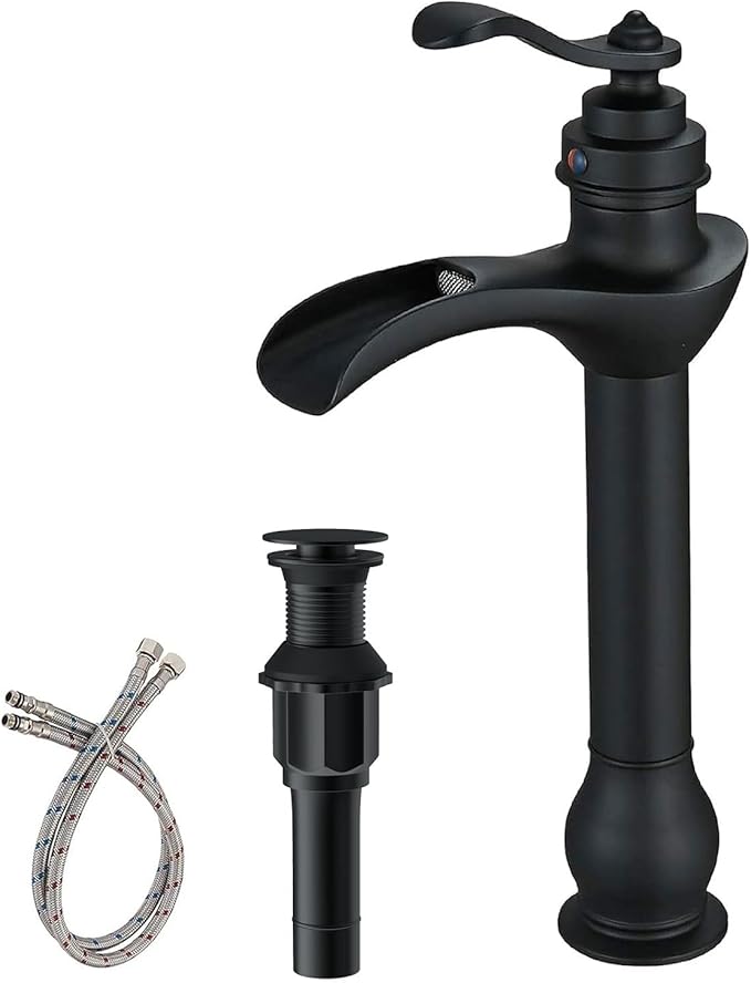 BWE Matte Black Vessel Sink Faucet Waterfall Single Hole Handle with Pop Up Drain Stopper Assembly and Supply Hose Bathroom Faucet Vanity Lavatory Mixer Tap Tall Body