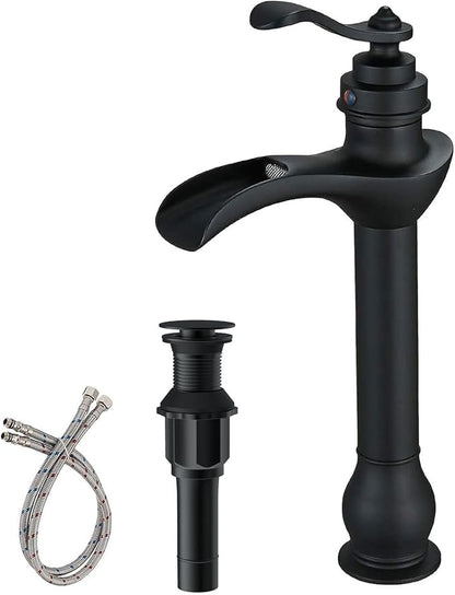 BWE Matte Black Vessel Sink Faucet Waterfall Single Hole Handle with Pop Up Drain Stopper Assembly and Supply Hose Bathroom Faucet Vanity Lavatory Mixer Tap Tall Body