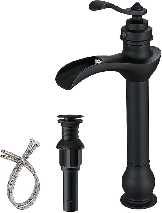 BWE Matte Black Vessel Sink Faucet Waterfall Single Hole Handle with Pop Up Drain Stopper Assembly and Supply Hose Bathroom Faucet Vanity Lavatory Mixer Tap Tall Body