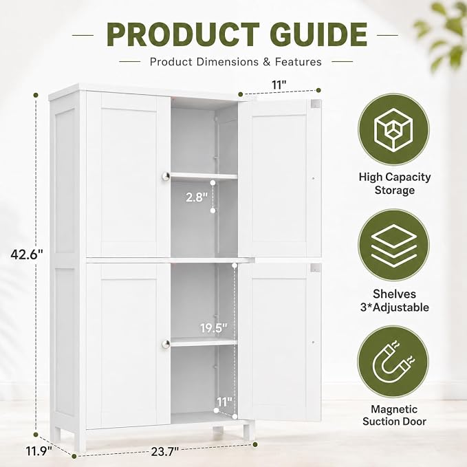 Nuturelly Bathroom Floor Storage Cabinet, 4 Doors, Anti-Tip, White | 23.7"D x 11.9"W x 42.6"H, Adjustable Shelves, Shaker style, 5-position Shelves, Anti-tip Kit, Rounded Corners, Easy Assembly