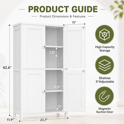 Nuturelly Bathroom Floor Storage Cabinet, 4 Doors, Anti-Tip, White | 23.7"D x 11.9"W x 42.6"H, Adjustable Shelves, Shaker style, 5-position Shelves, Anti-tip Kit, Rounded Corners, Easy Assembly