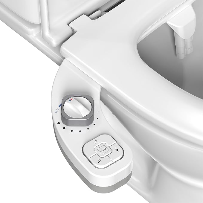 Non-Electric Bidet Attachment, Self-Clean Dual Nozzles, Adjustable Pressure | Ultra Slim Intuitive One-Touch, Retractable Nozzle Structure, Warm Water Rear & Feminine Washing Modes, Stainless Steel Iniet