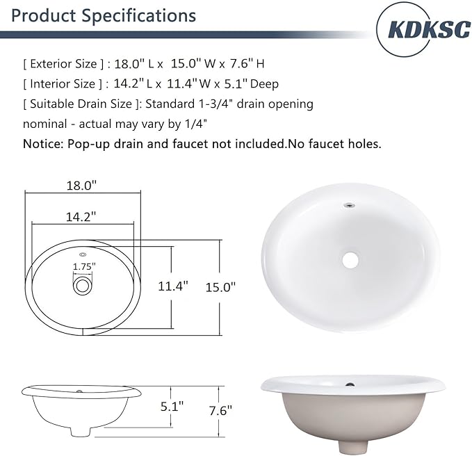 Bathroom Vessel Sink 18'' x 15'' Semi Recessed Bathroom Sink Oval Drop In Sink with Overflow White Ceramic Modern Vessel Sinks for Bathroom