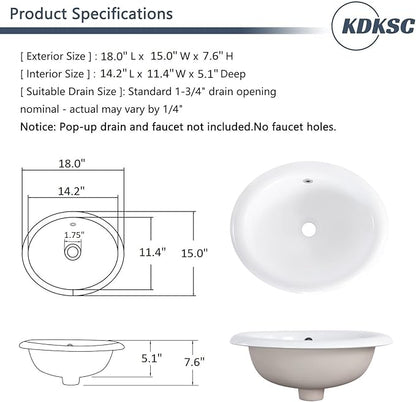 Bathroom Vessel Sink 18'' x 15'' Semi Recessed Bathroom Sink Oval Drop In Sink with Overflow White Ceramic Modern Vessel Sinks for Bathroom