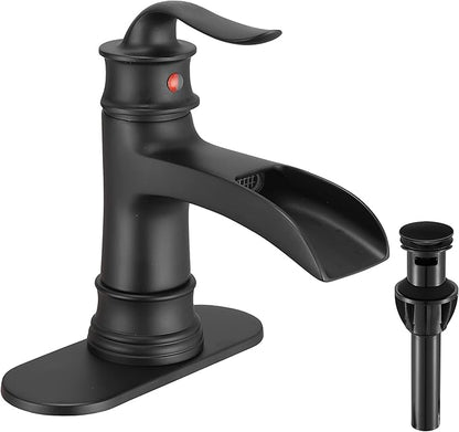 FRANSITON Waterfall Faucet Bathroom Faucet Single Handle One Hole Matte Black Finish Large Spout Lavatory Faucets (Matte Black)